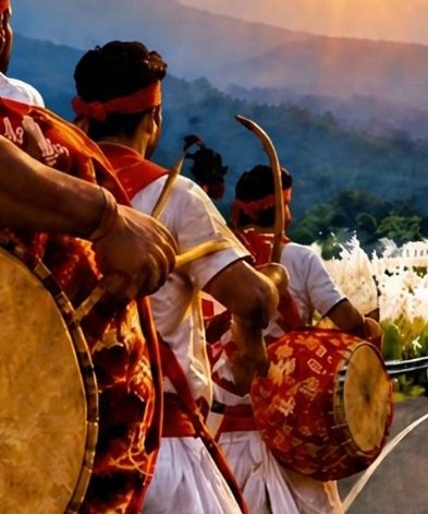 পাহাড় আর কাশবনের মাঝে একসঙ্গে ঢাকিরা
